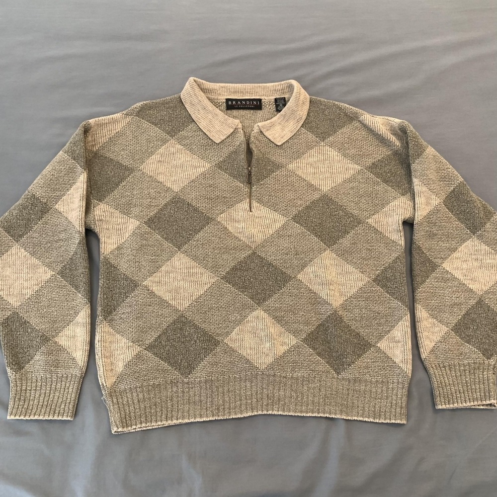 Brandini Sweater Mens Medium‎ Gray Argyle 1/4 Zip Collared Knit Pullover Italy